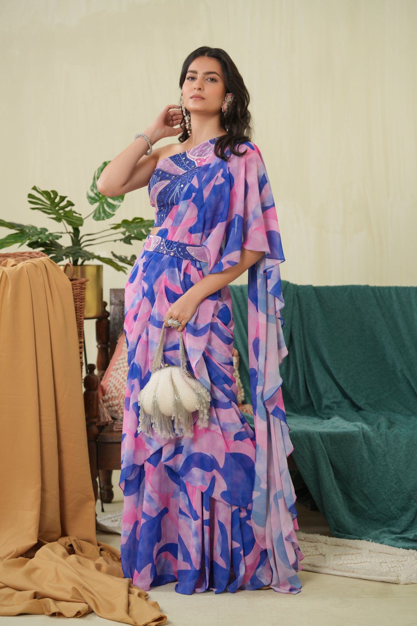 Abstract Pink Blue Ruffle Saree