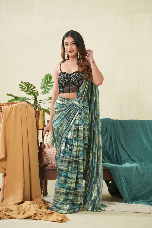 Green Jacquard Corset Saree