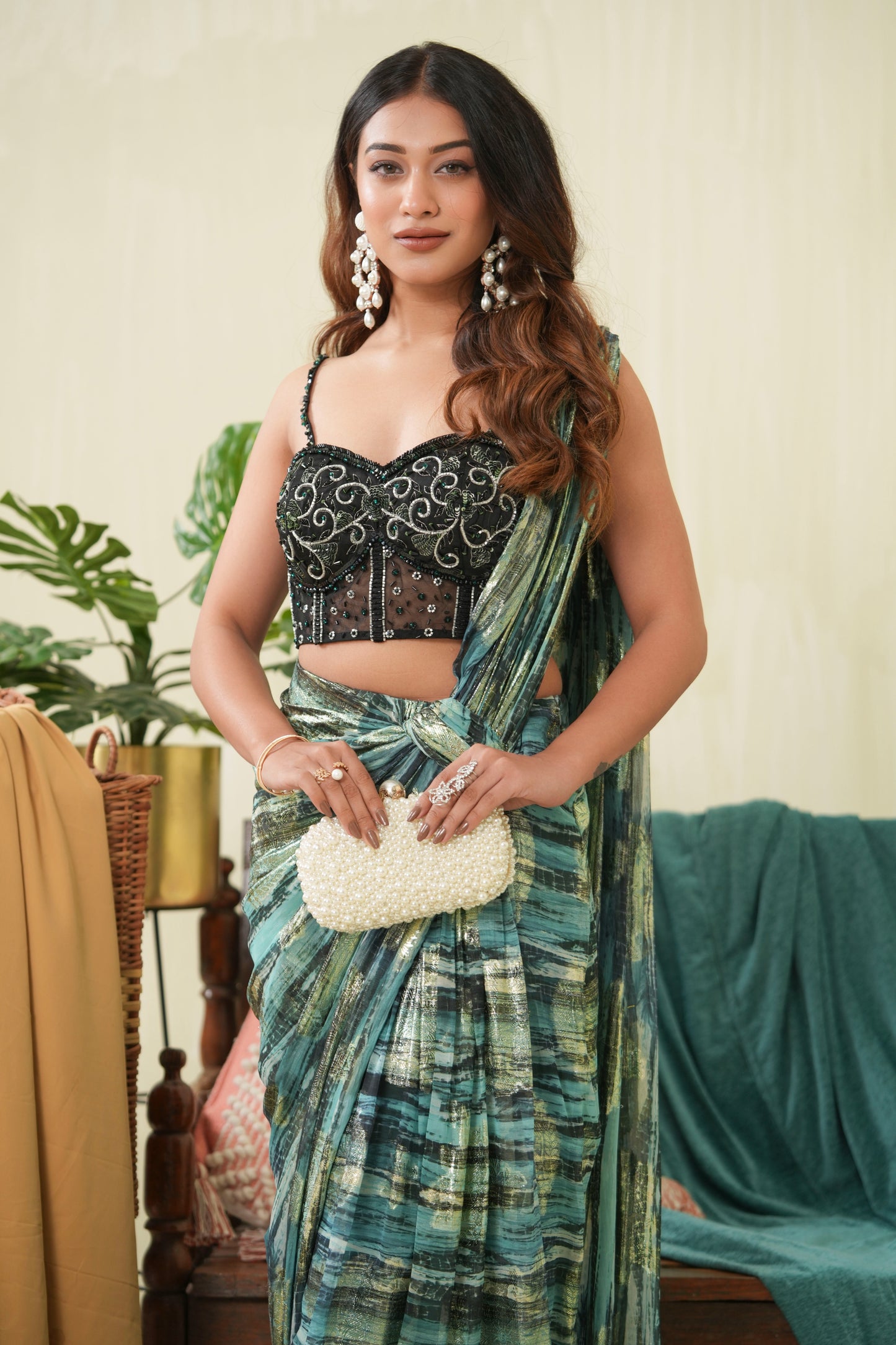 Green Jacquard Corset Saree