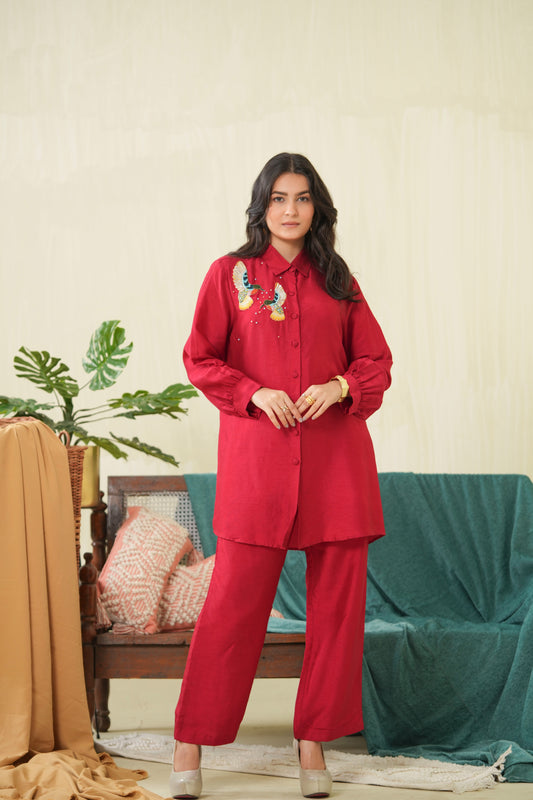 Deep Red Tunic Shirt Coord Set