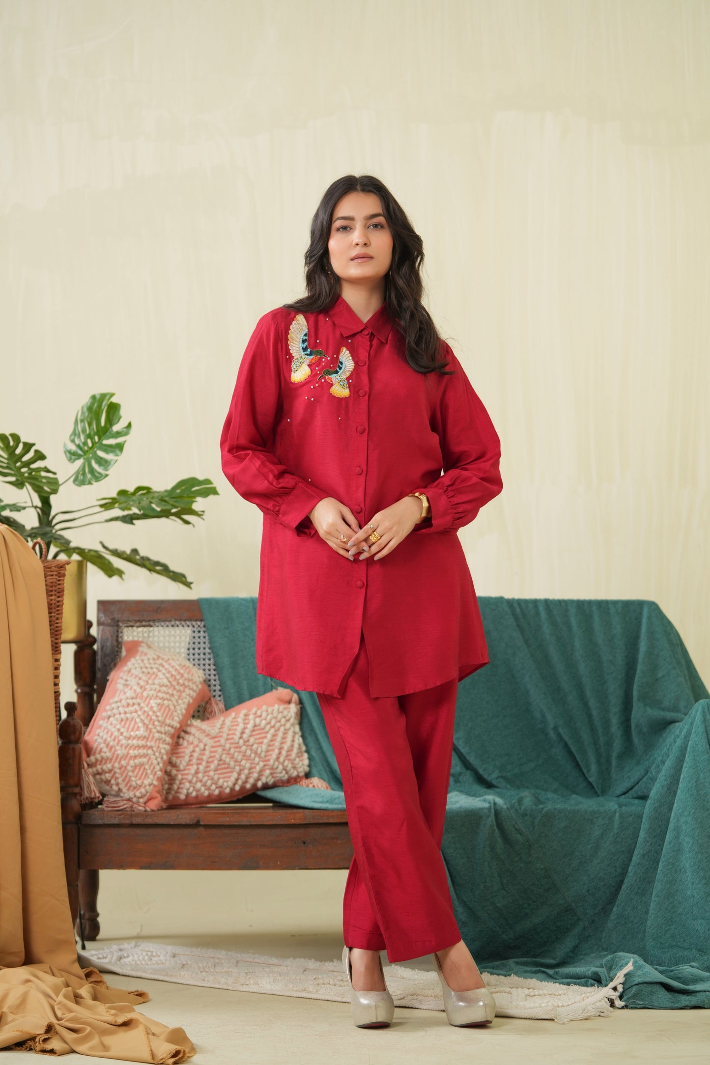 Deep Red Tunic Shirt Coord Set