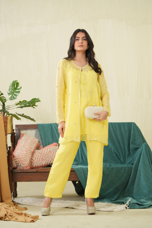 Lemon yellow Organza Jacket set