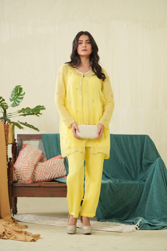 Lemon yellow Organza Jacket set