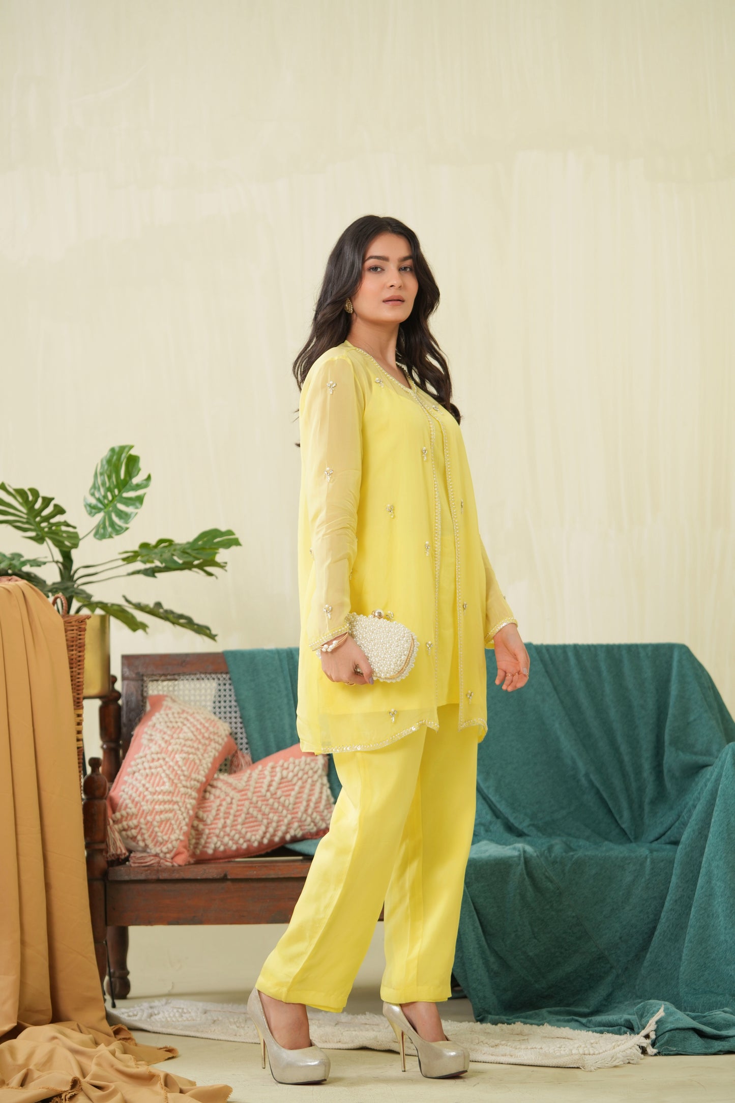 Lemon yellow Organza Jacket set