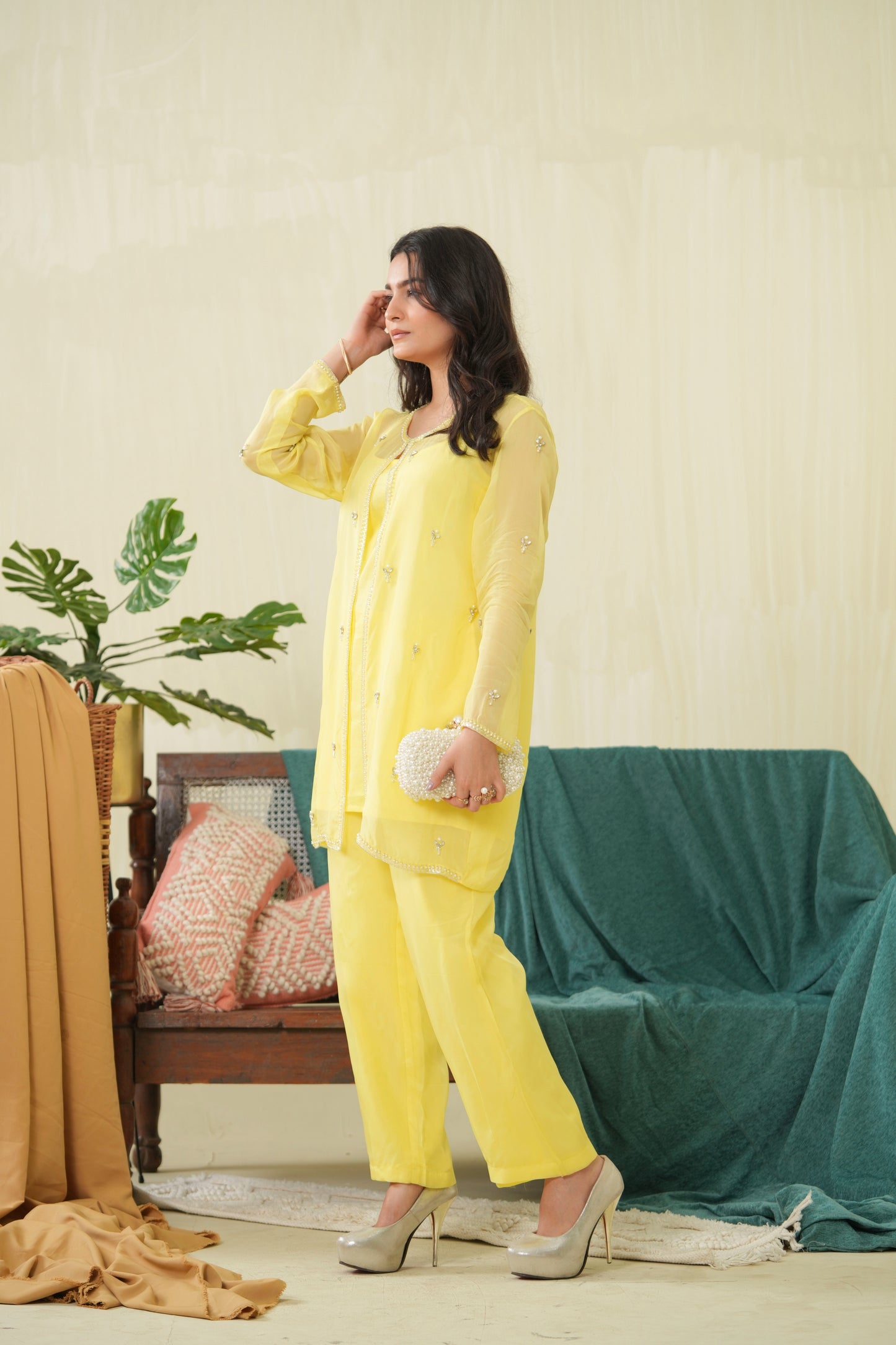 Lemon yellow Organza Jacket set