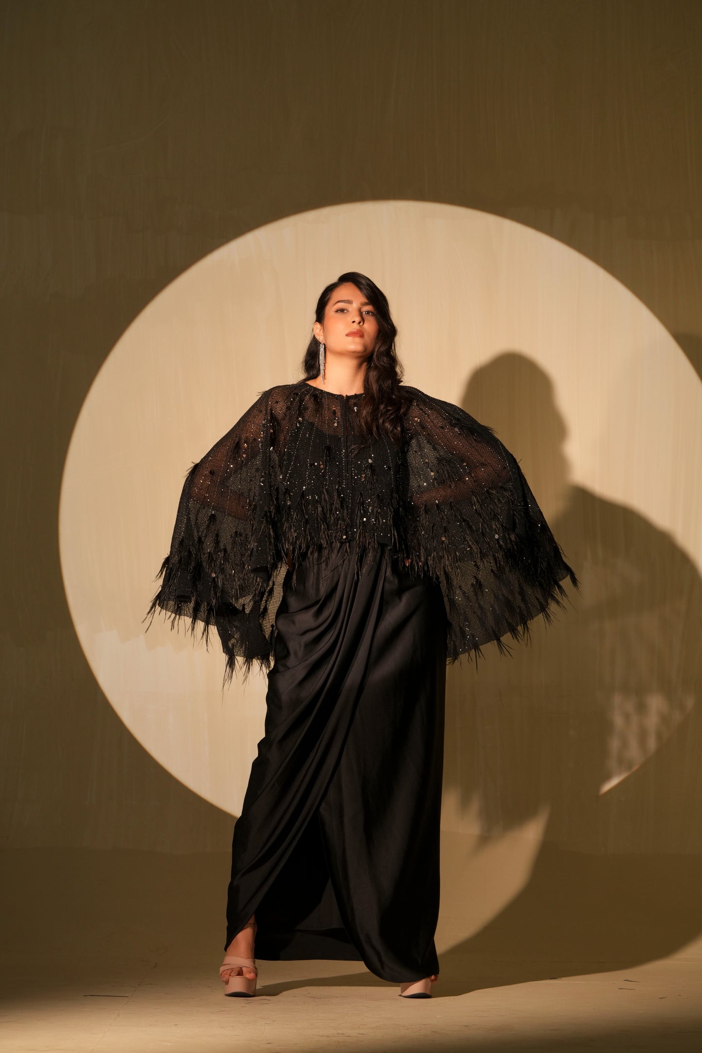 Jade Black Feather Cape Dress