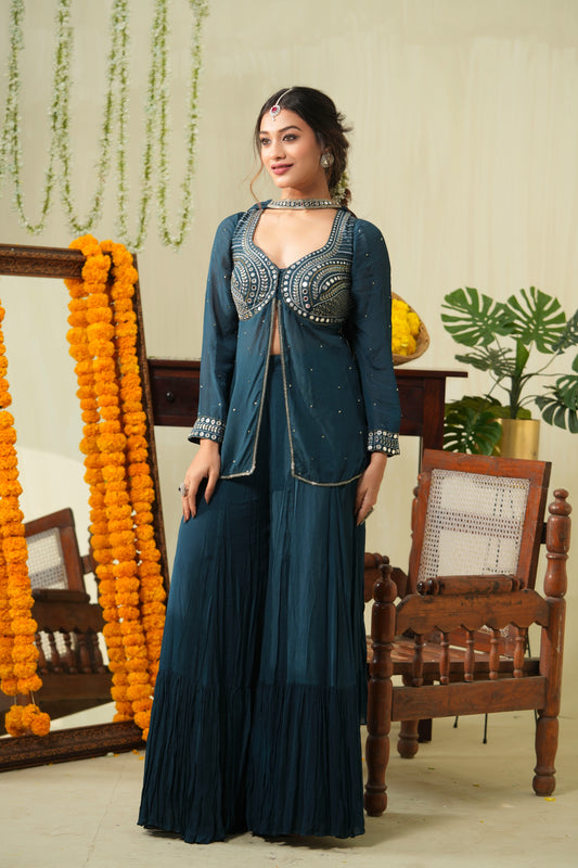 Teal blue sharara set