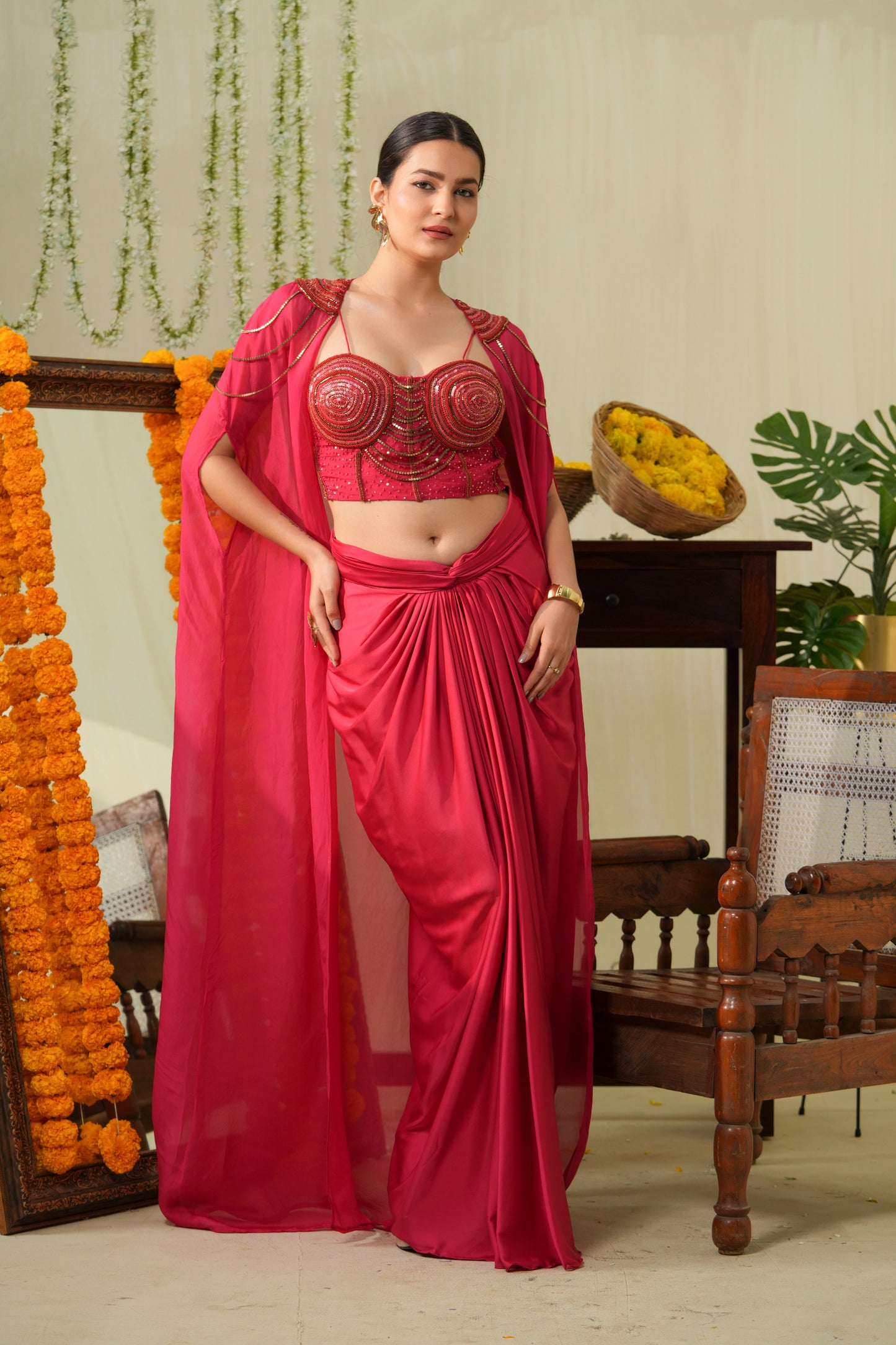 Deep Pink Drape Skirt Cape set