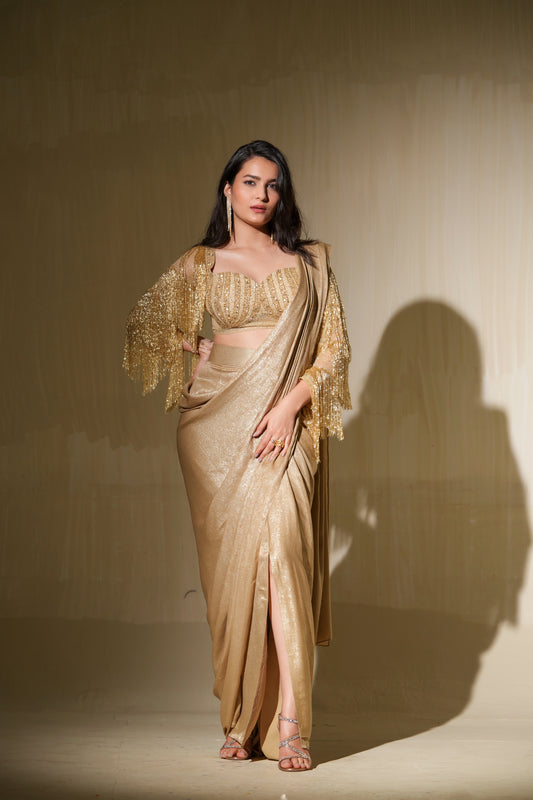 Champagne Gold drape saree