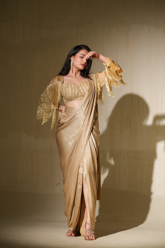 Champagne Gold drape saree