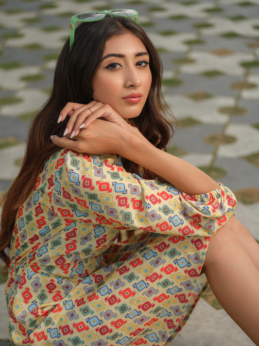 Yellow Printed Short Dress