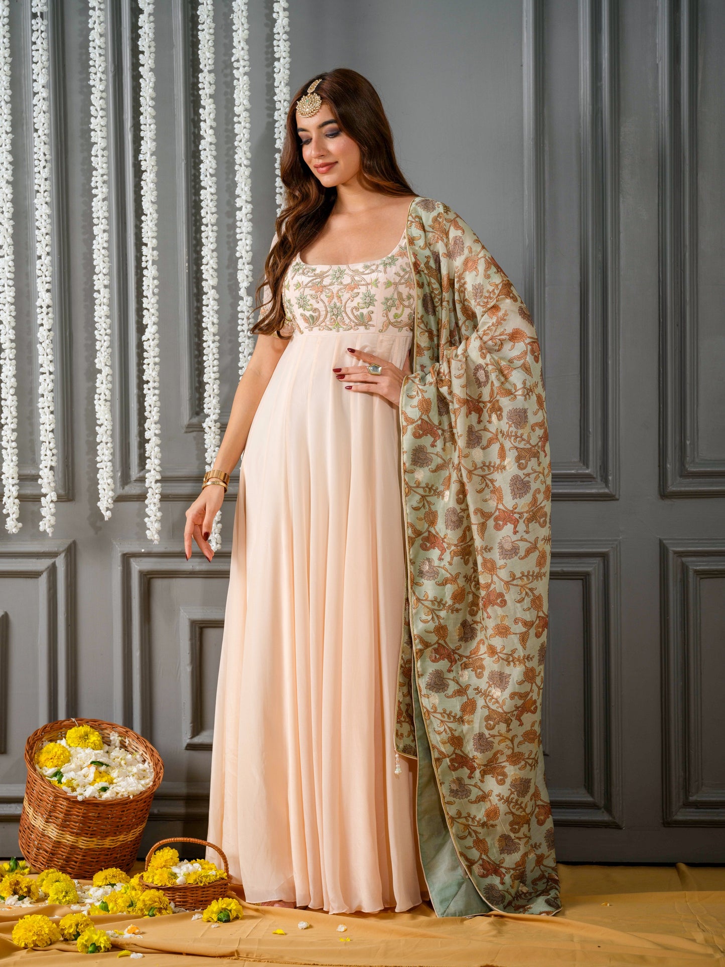 Tea Green Dupatta with Creamy Peach Anarkali Set