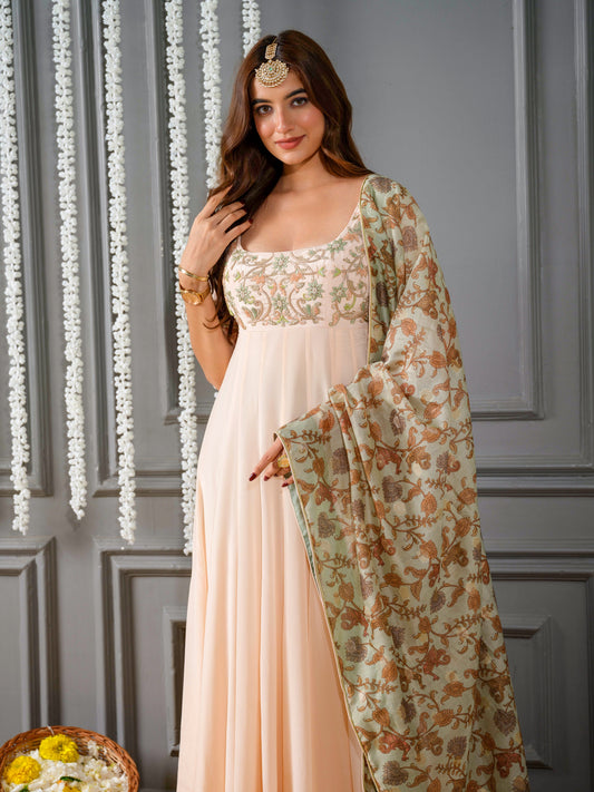 Tea Green Dupatta with Creamy Peach Anarkali Set