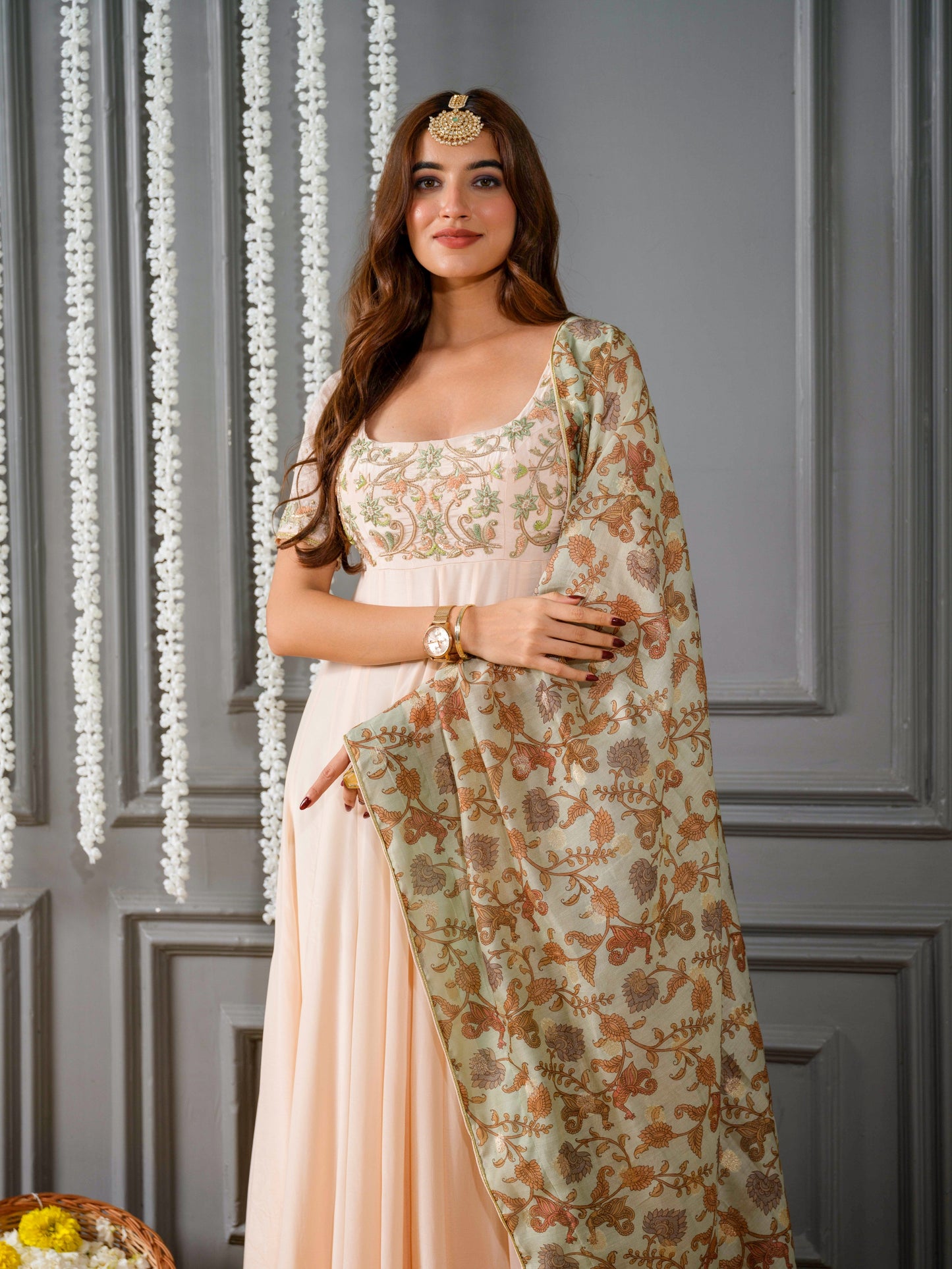 Tea Green Dupatta with Creamy Peach Anarkali Set