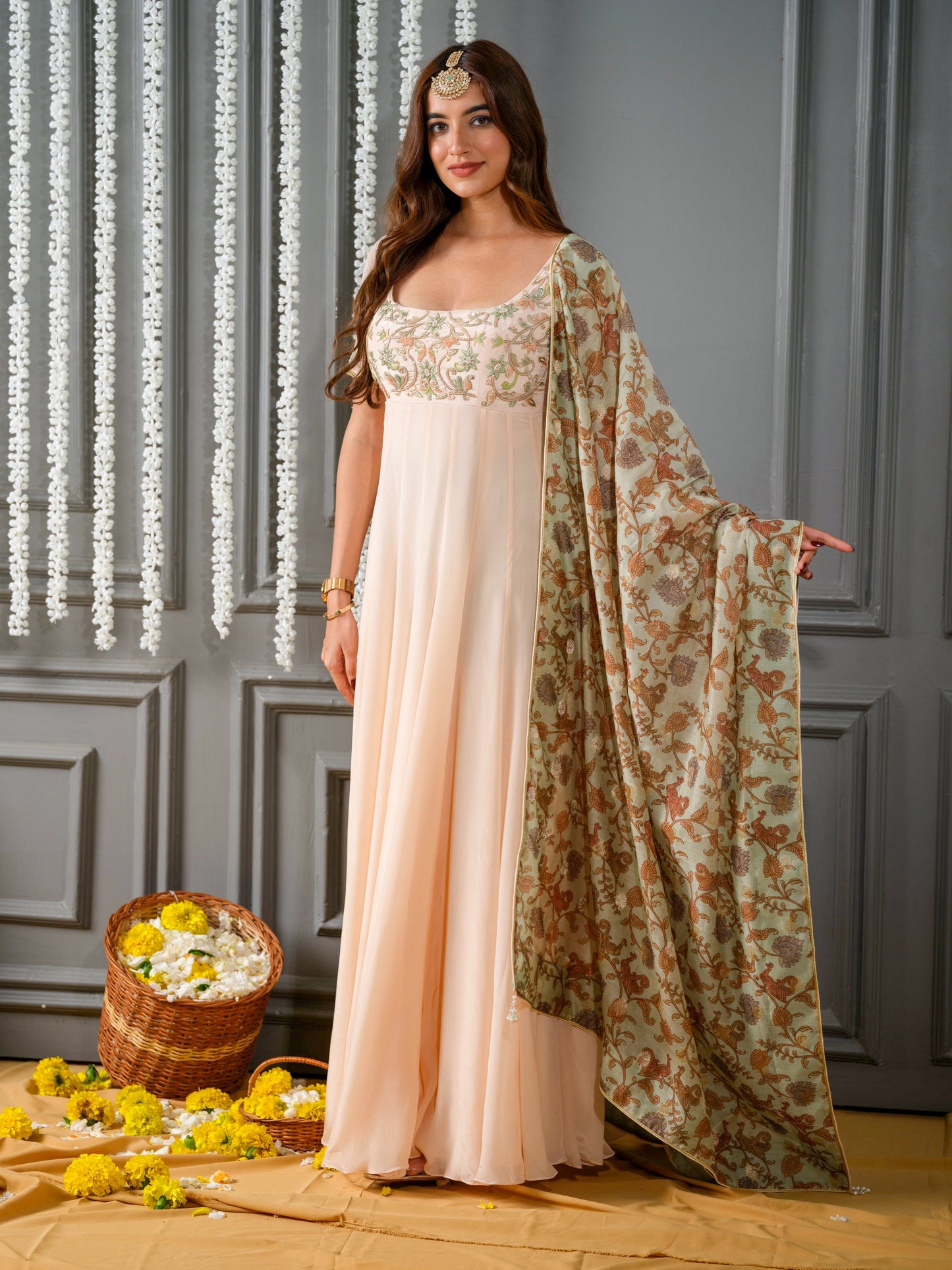 Tea Green Dupatta with Creamy Peach Anarkali Set