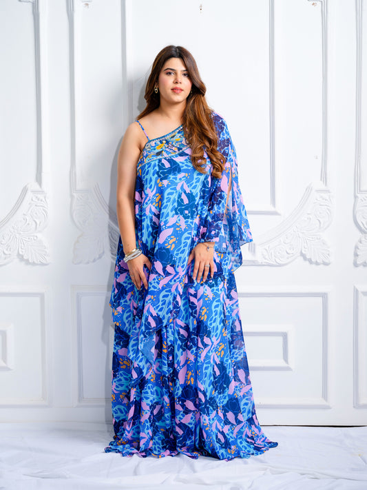 Double Blue printed Asymmetric Kurta set