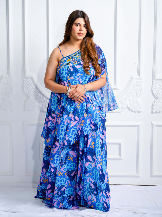 Double Blue printed Asymmetric Kurta set