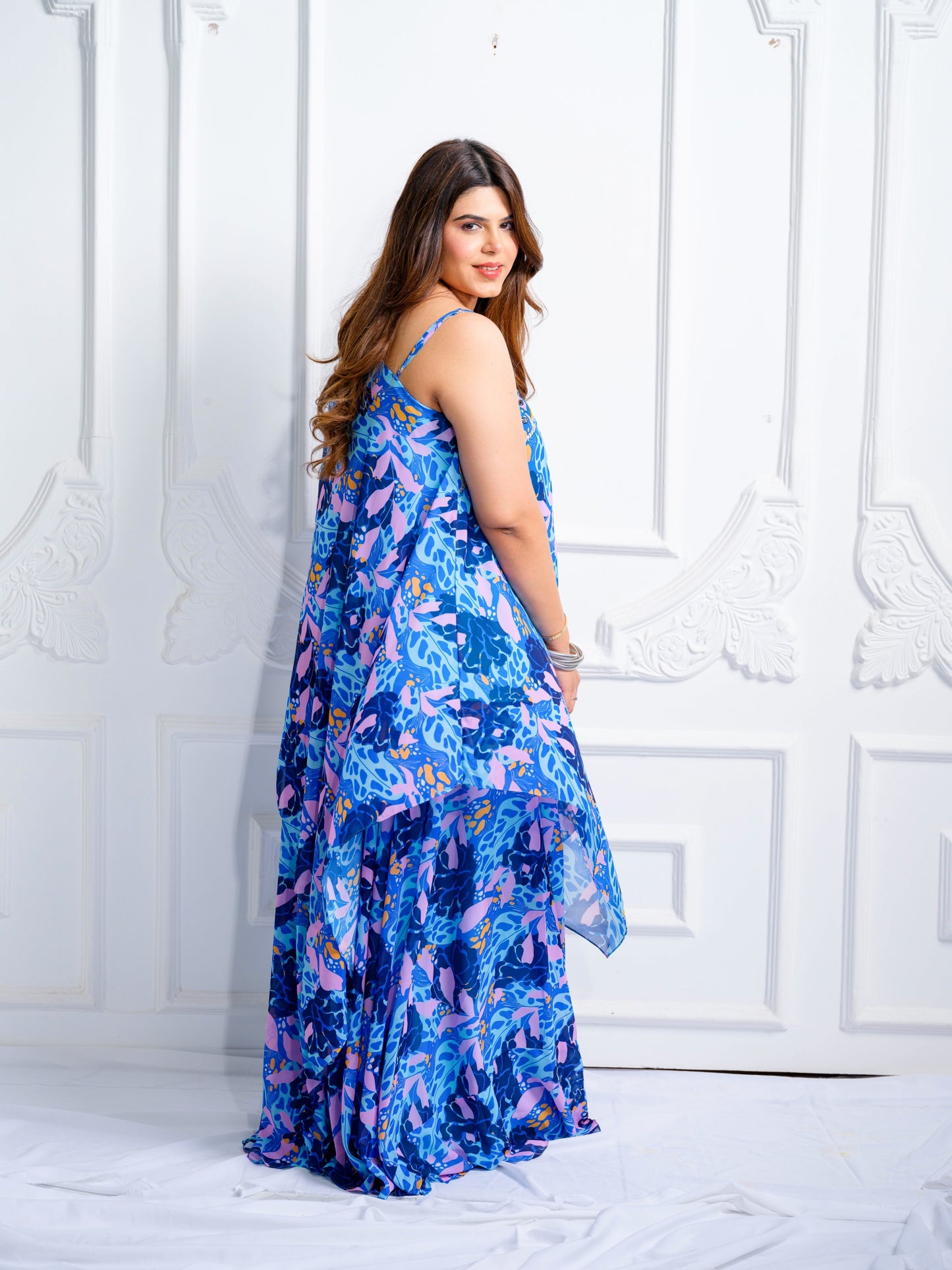 Double Blue printed Asymmetric Kurta set