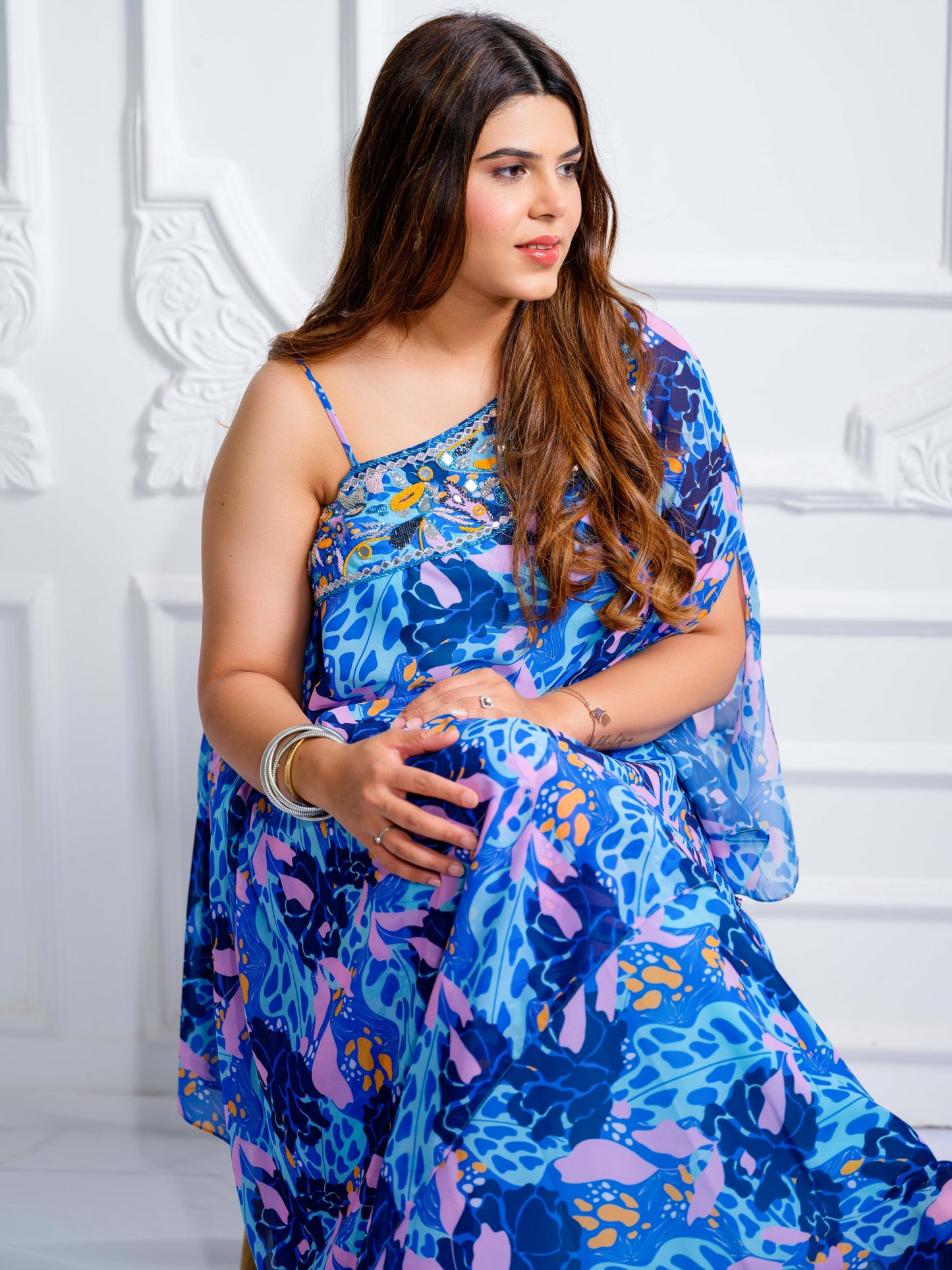 Double Blue printed Asymmetric Kurta set