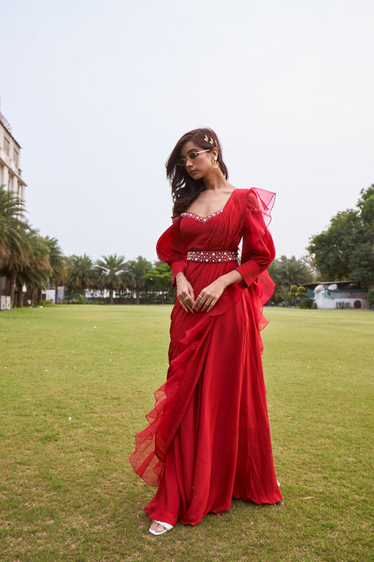 Cherry Red Drape Saree