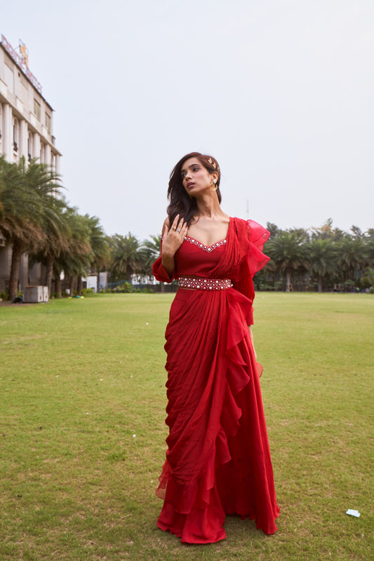 Cherry Red Drape Saree