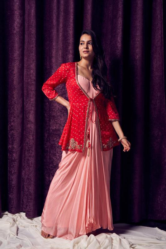 Pink & Red Bhandhani Jacket dress