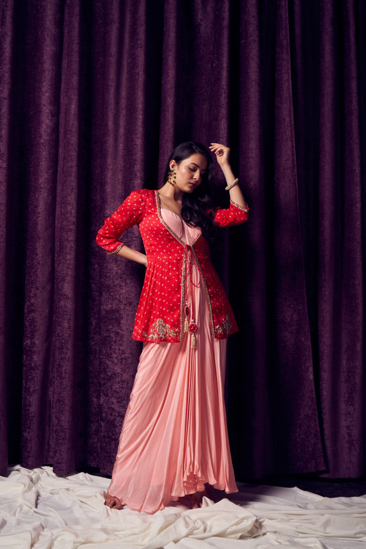 Pink & Red Bhandhani Jacket dress