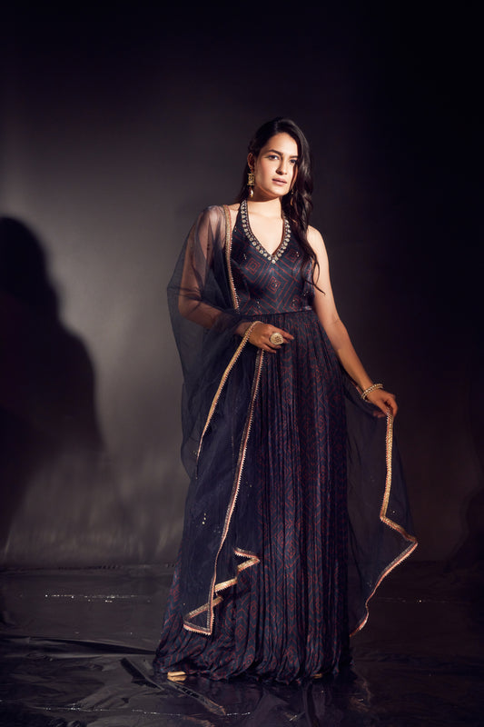 Navy Blue Bandhani Anarkali Set