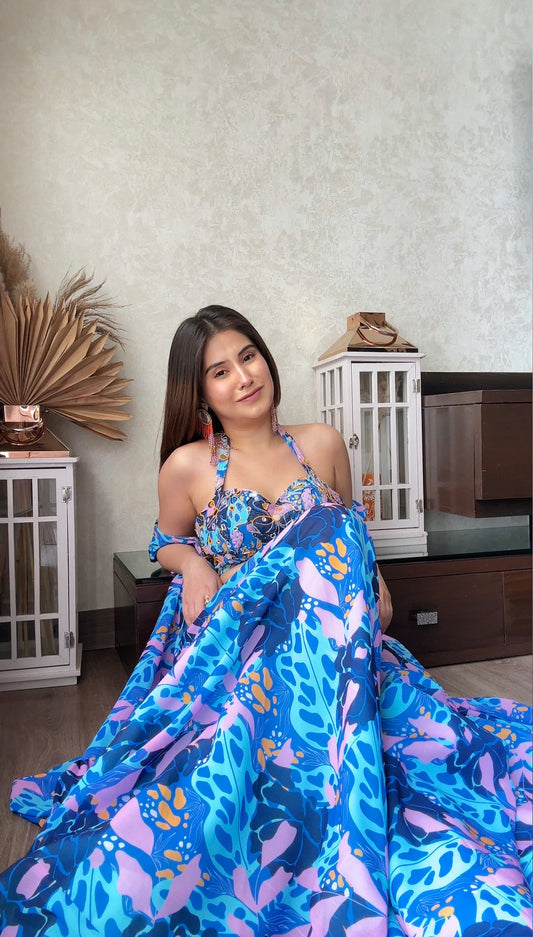 Double Blue Printed Halter Blouse Set