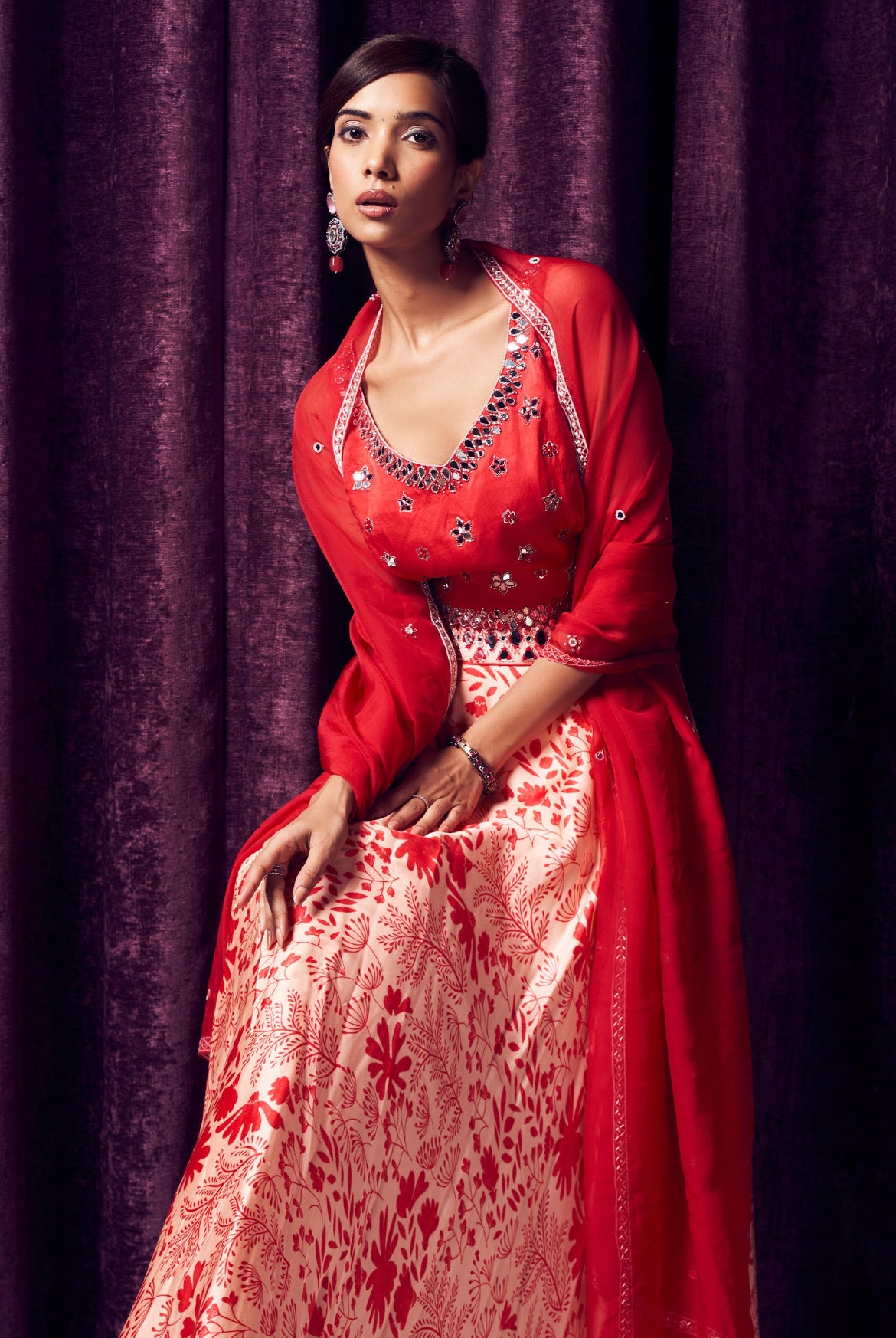 Crimson Red Floral Lehenga Set