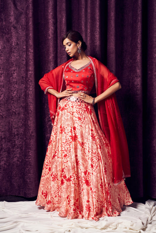 Crimson Red Floral Lehenga Set