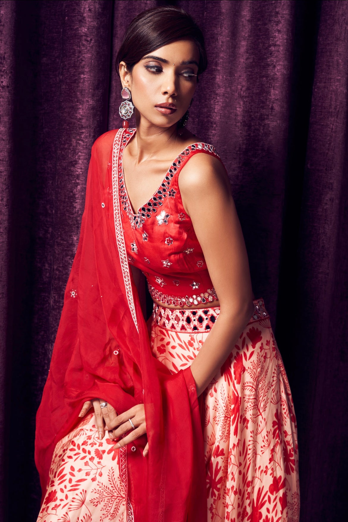 Crimson Red Floral Lehenga Set