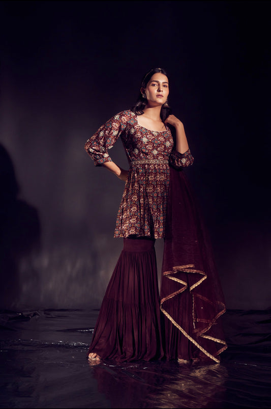 Elephant Print Marsala Colour Sharara Set