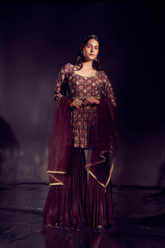 Elephant Print Marsala Colour Sharara Set