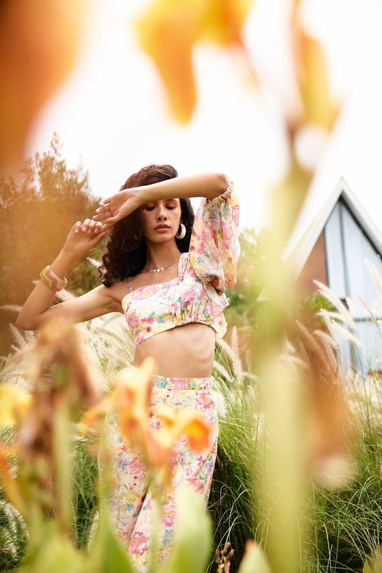 Soft Ivory Floral Top with Wide leg Trousers