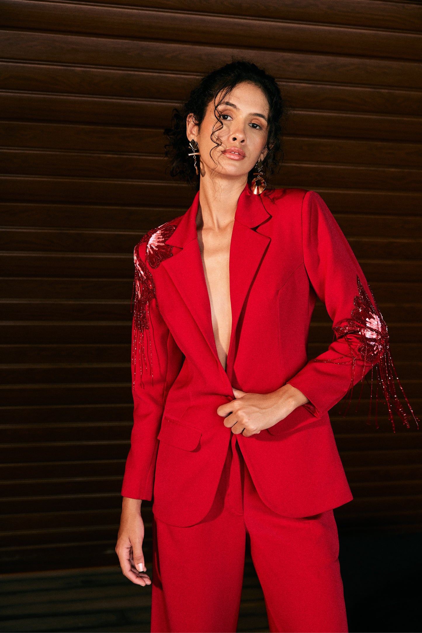 Hibiscus Red Embellished Blazer Set