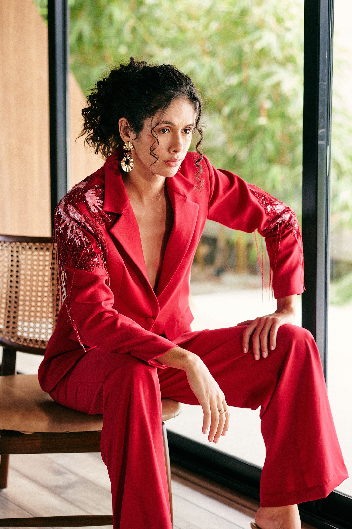 Hibiscus Red Embellished Blazer Set