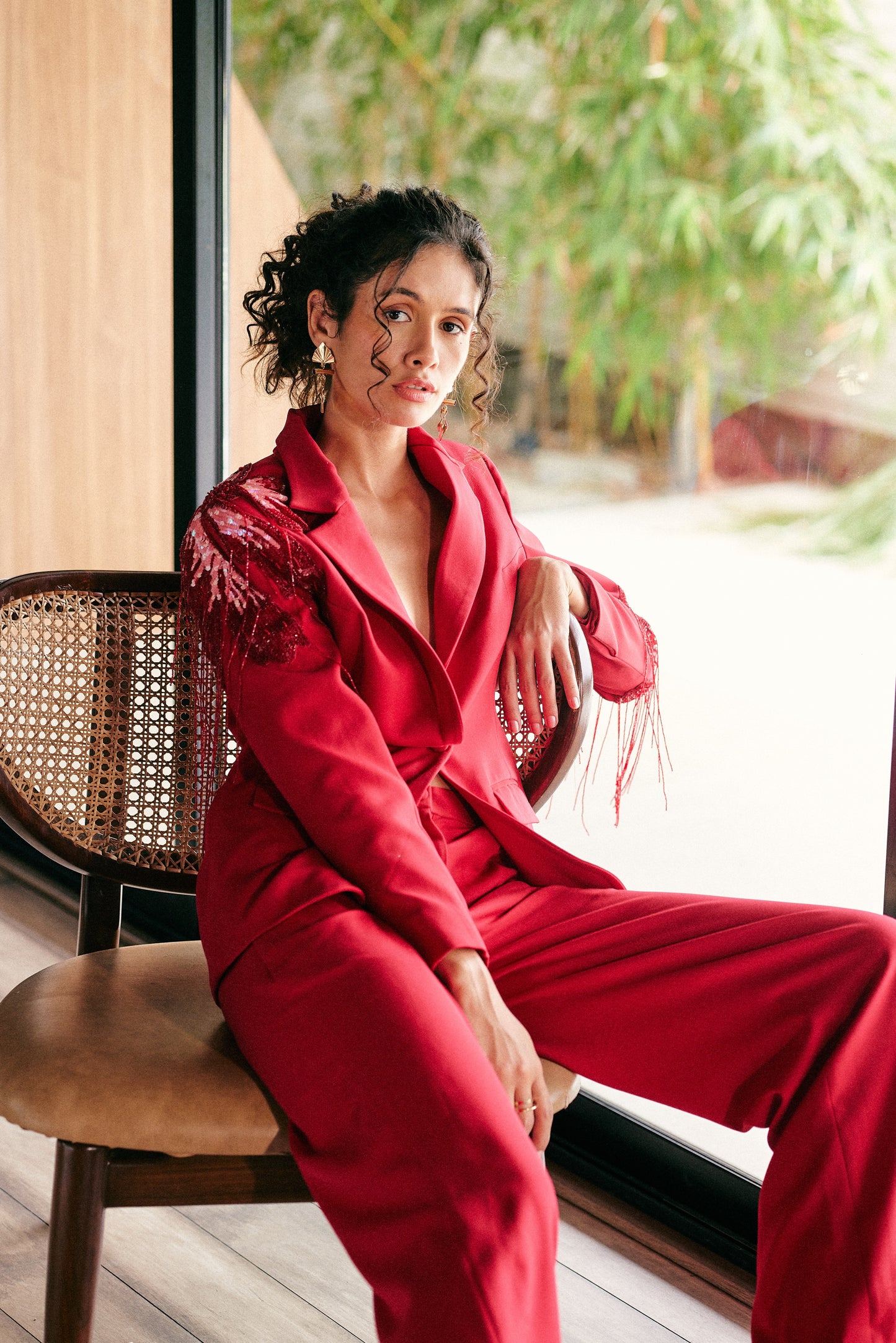 Hibiscus Red Embellished Blazer Set