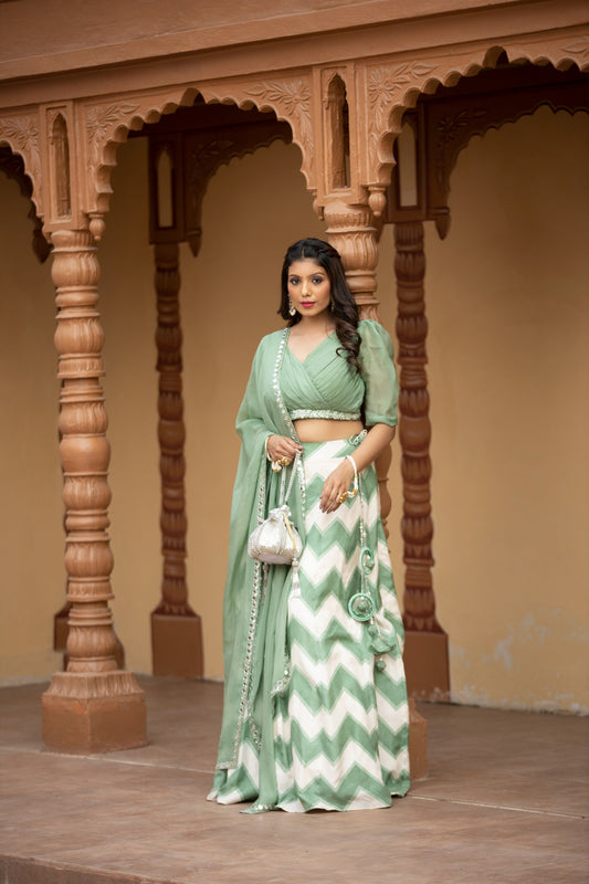 White & green leheriya lehenga