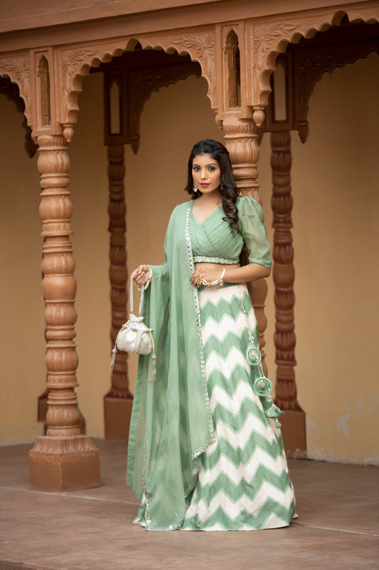 White & green leheriya lehenga