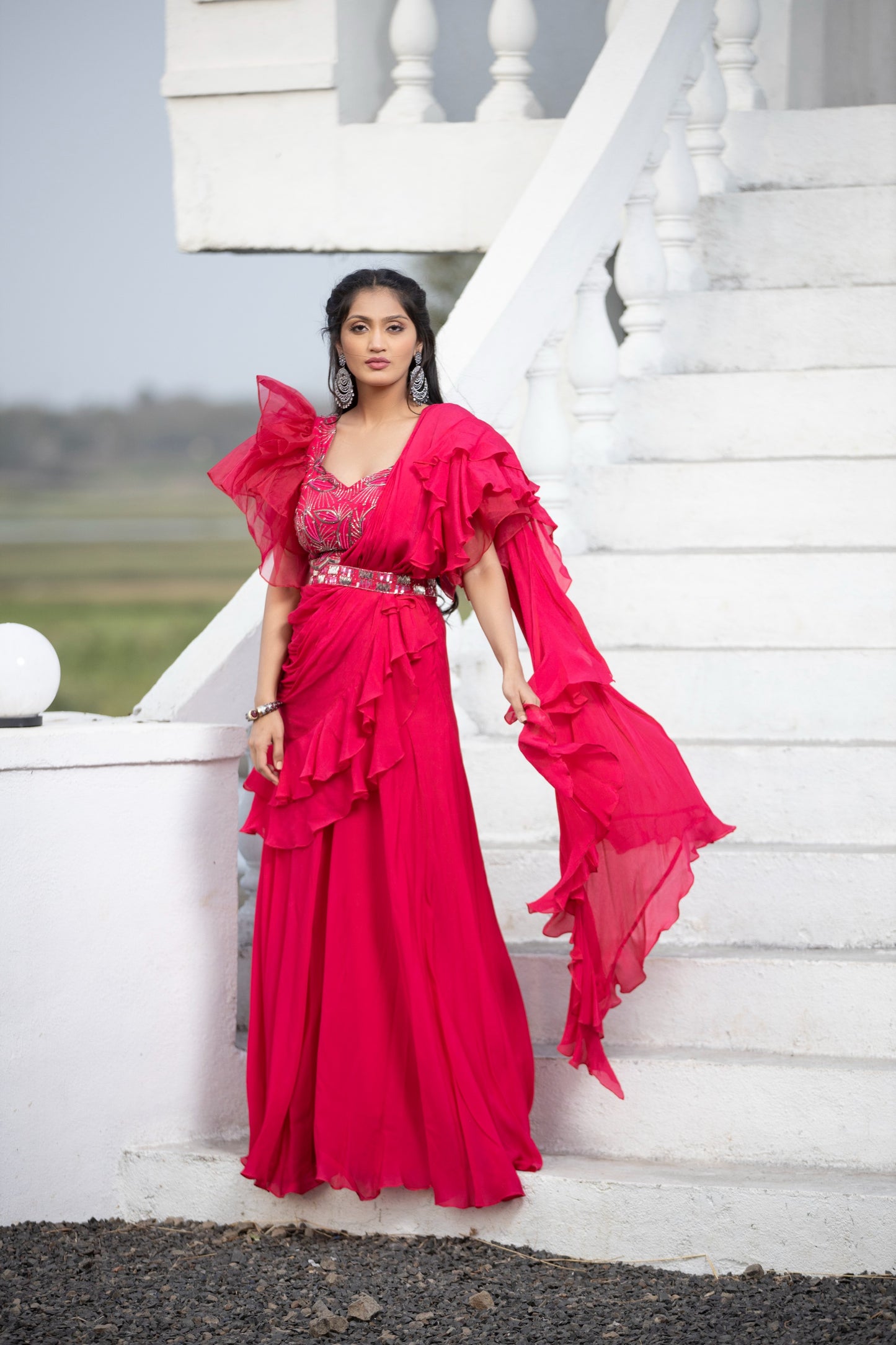 Hot pink ruffle sharara saree with detachable belt