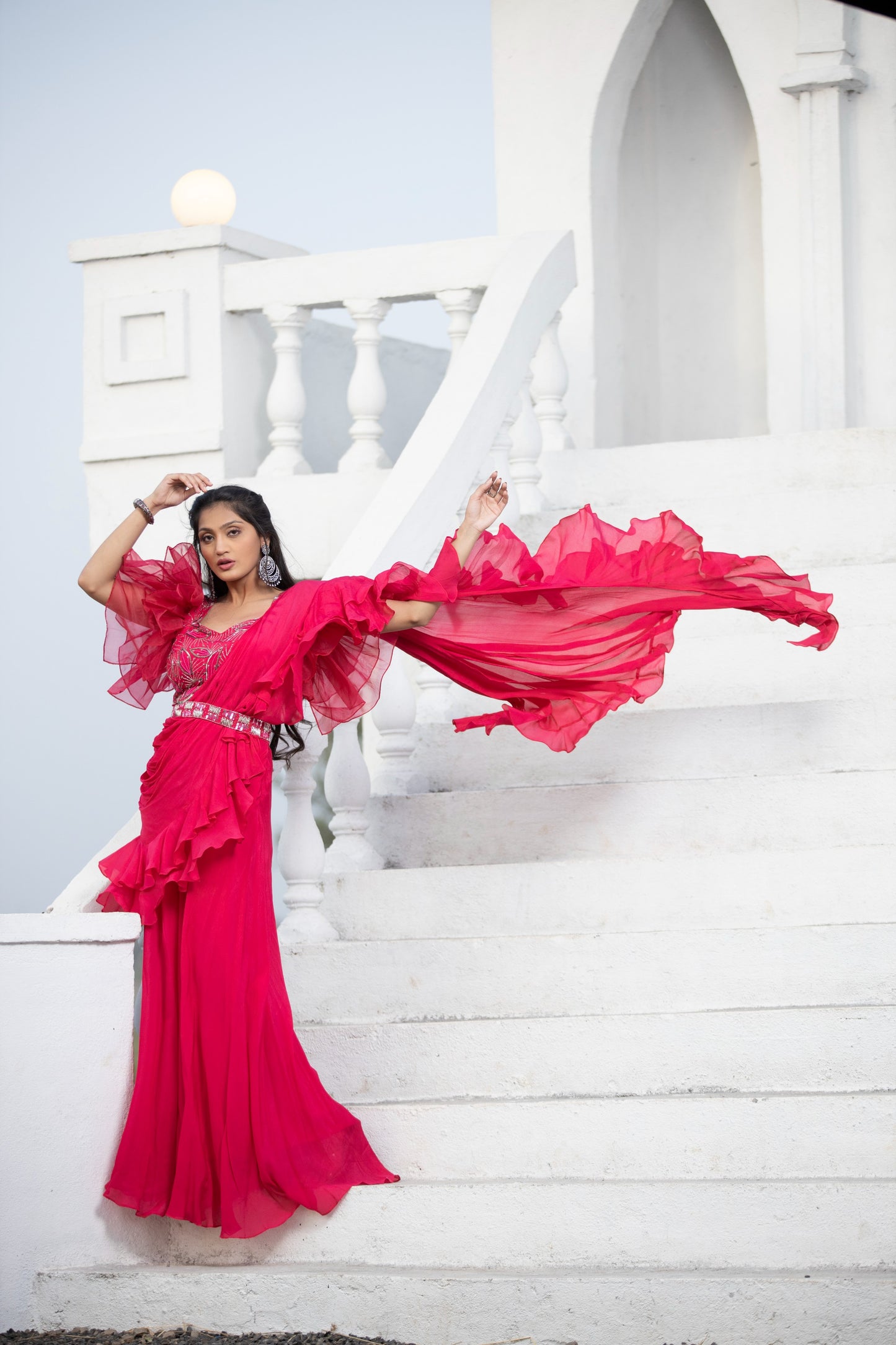 Hot pink ruffle sharara saree with detachable belt