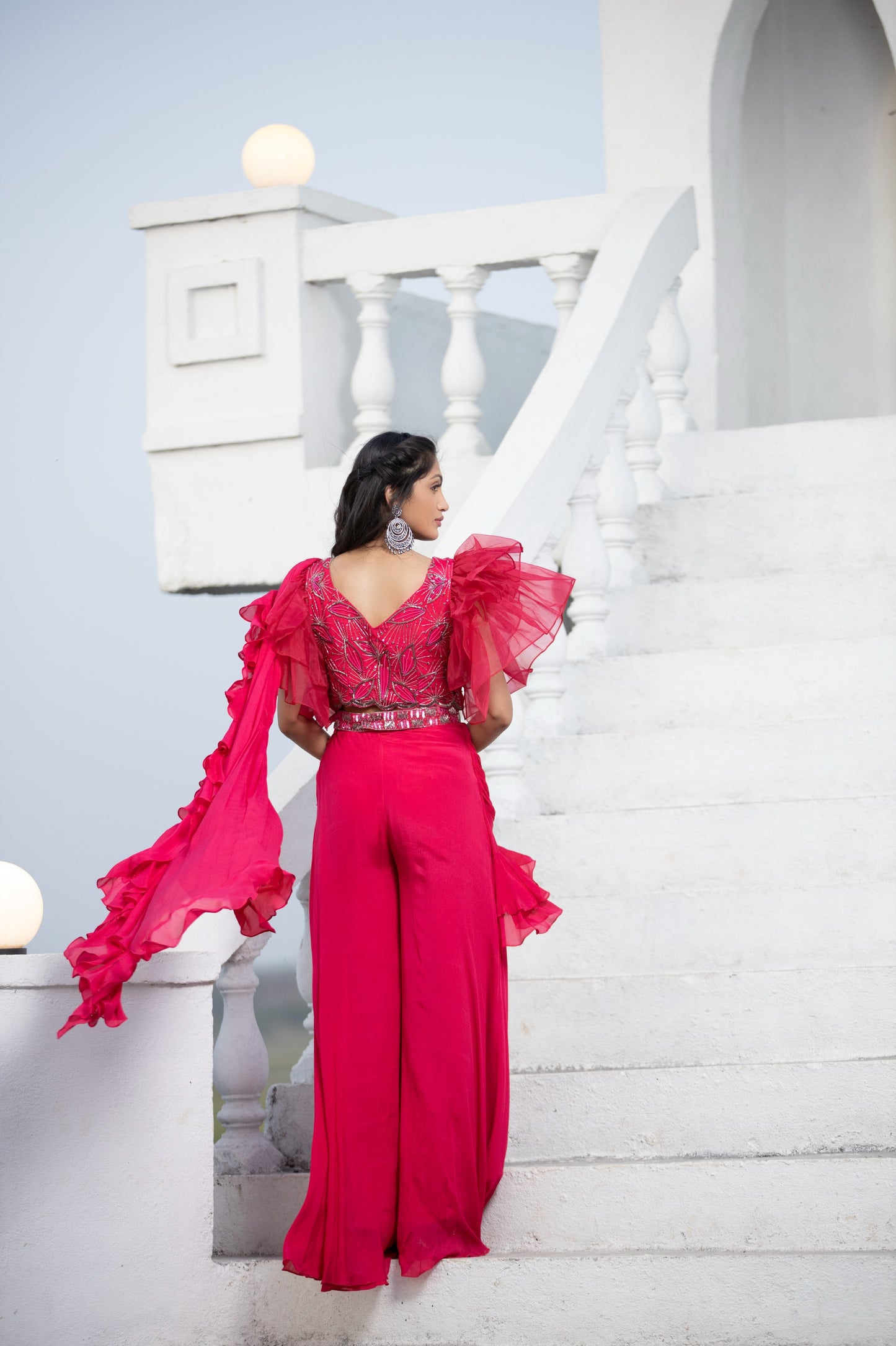 Hot pink ruffle sharara saree with detachable belt