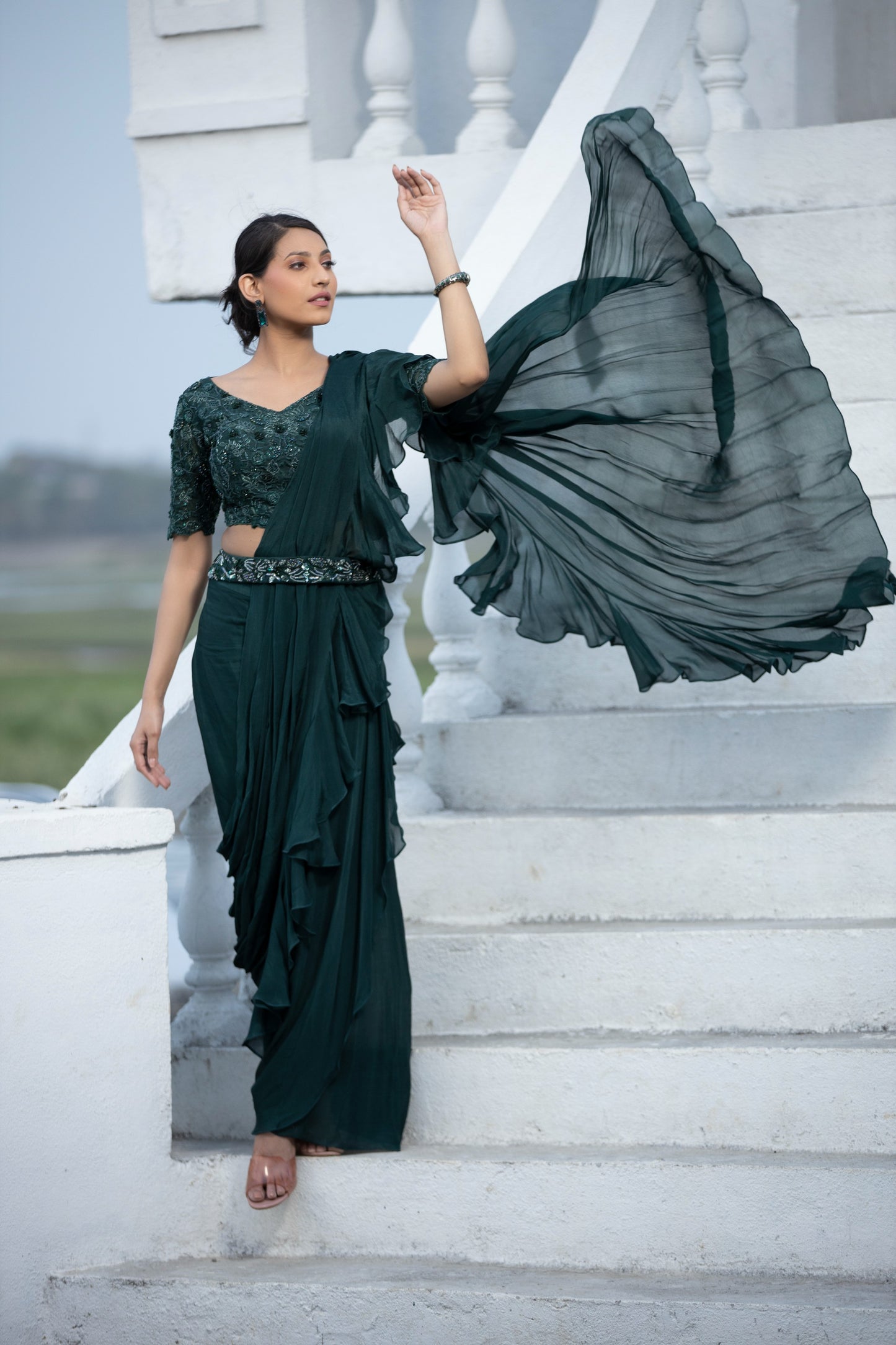 Green ruffle saree