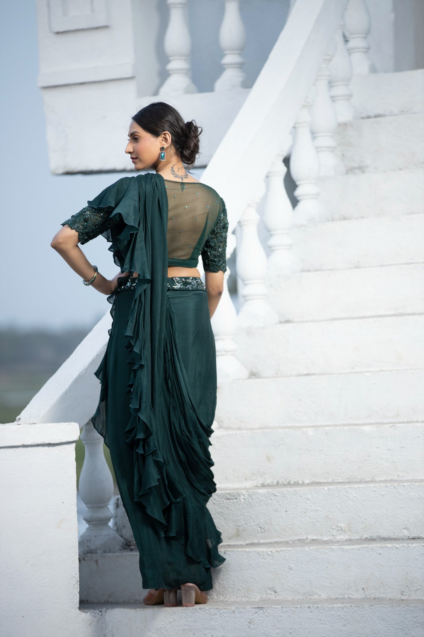 Green ruffle saree