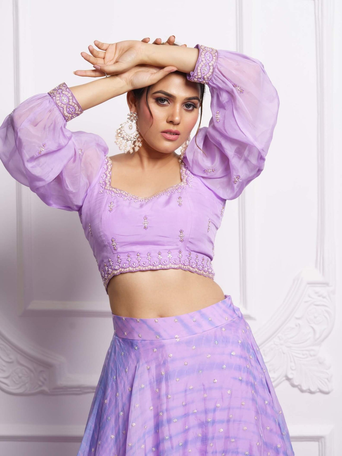 Shibori lilac lehenga