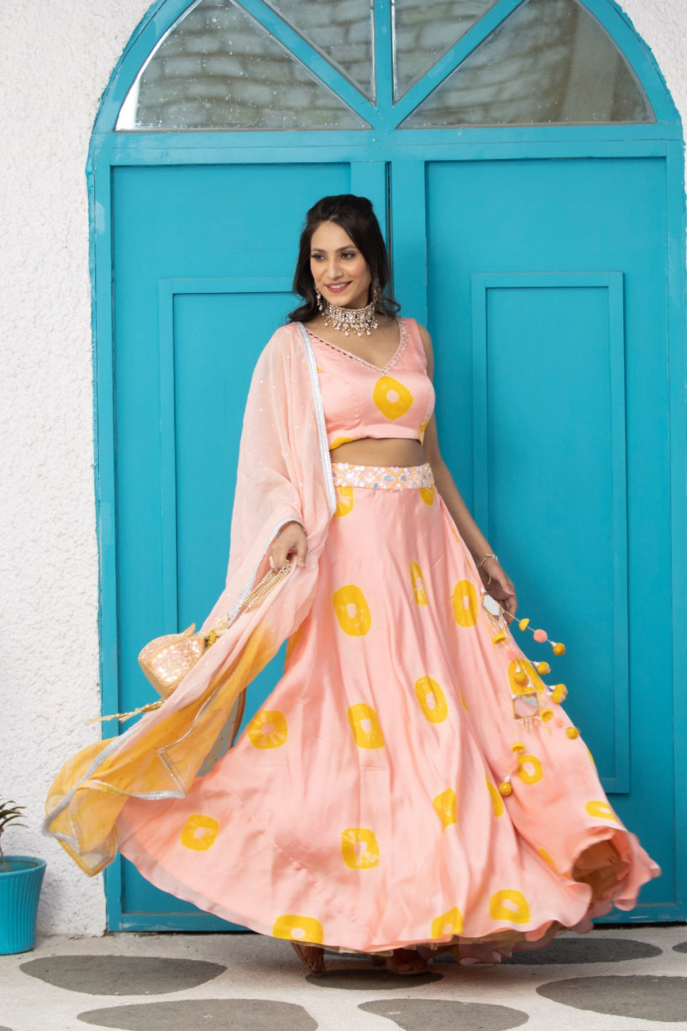 Lehenga with shaded dupatta & blouse with mirrors