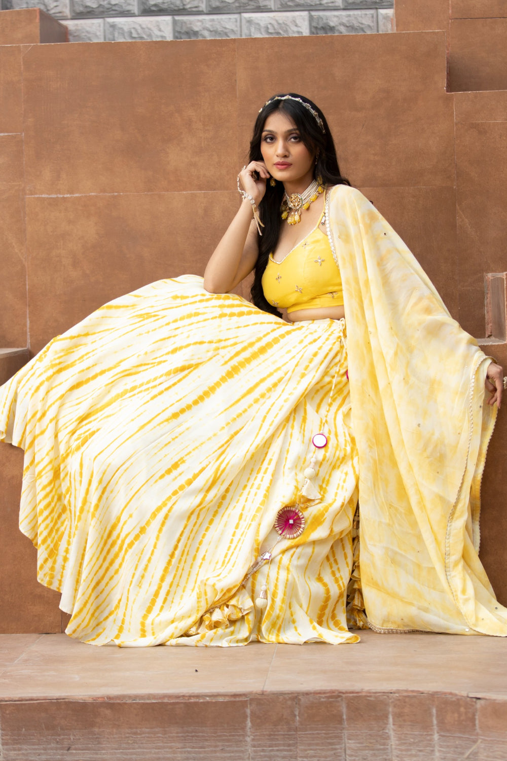 Yellow tie-dye lehenga