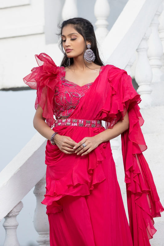 Hot pink ruffle sharara saree with detachable belt